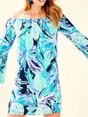 Lilly Pulitzer Alotta Colada. Off-Shoulder Tropical Pineapple Dress